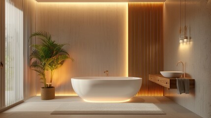 Wall Mural - A bathroom with a white bathtub and a plant