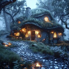 Sticker - Enchanted Stone Cottage in a Foggy Forest