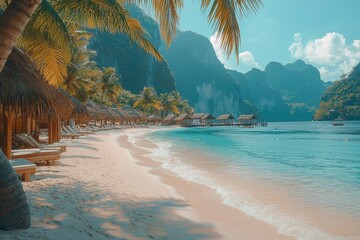 Poster - Tropical Beach with Overwater Huts and Lush Foliage