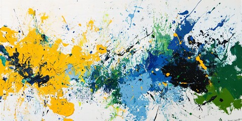 Poster - An abstract painting featuring a chaotic mix of splattered paint in bright yellows, blues, and greens, layered over a textured, white canvas.