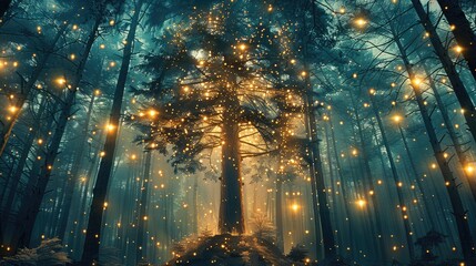 Aufkleber - A tall pine tree stands in the middle of an enchanted forest, with a teal and gold color palette and sparkling lights. Generative AI.