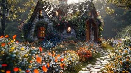 Wall Mural - Enchanted Cottage in a Flower Garden