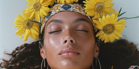 Poster - portrait of a girl with yellow flowers