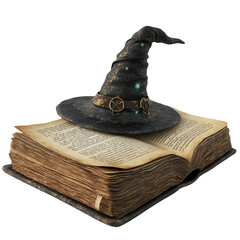 Vintage spell book with a wizard's hat on top, evoking magic, mystery, and the supernatural. Perfect for fantasy-themed projects.