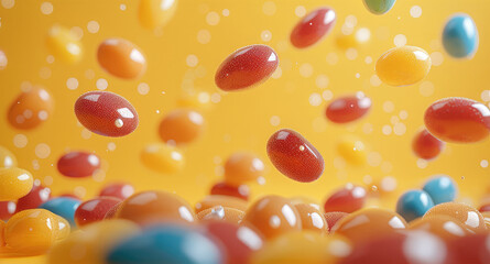 Poster - Flying candies yellow background isolated. Generative AI.