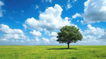 A solitary tree standing tall in a lush green meadow, with a brilliant blue sky and fluffy white clouds in the background.