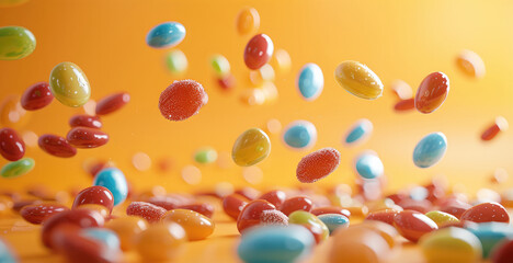 Poster - Flying candies yellow background isolated. Generative AI.