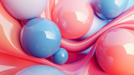 Sticker - Colorful abstract composition with spheres and fluid shapes in soft pastel tones