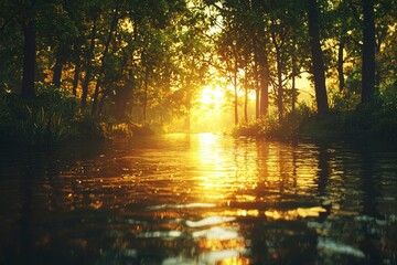 Sticker - Golden Sunset Reflecting on a Tranquil Forest River