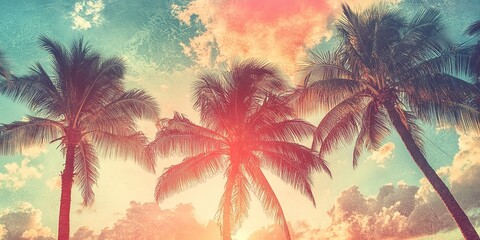 Canvas Print - Transport yourself to a serene oasis with this vintage-inspired image capturing the beauty of palm trees against a backdrop of a stunning sunset 