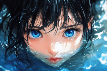 Canvas Print - Sexy anime girl big blue eyes on the beach