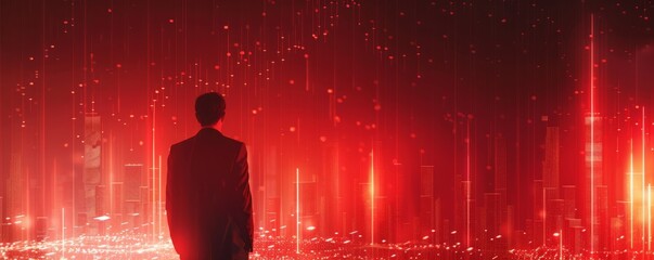 Wall Mural - Businessman in a storm of red stock charts, price drop business, economic crisis concept