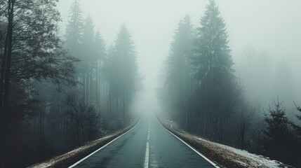 An empty road stretching through a foggy forest, the trees barely visible in the mist, feeling of mystery and isolation. Generative AI.