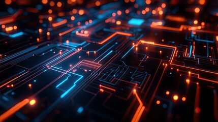 Poster - Abstract image of a high-tech circuit board, with neon pathways and digital connections, representing cutting-edge technology.