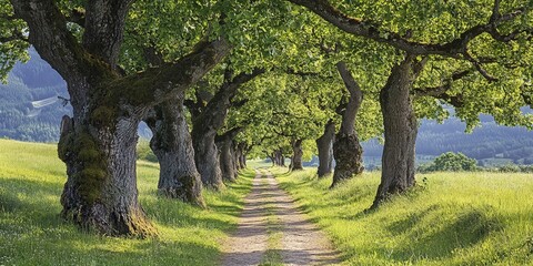 Sticker - A tranquil countryside path lined with old oak trees 