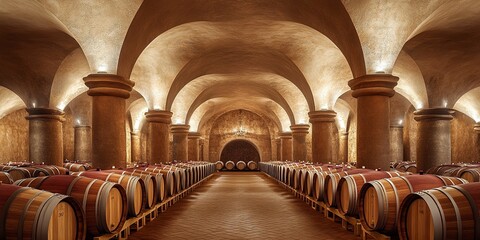 Canvas Print - A wine cellar in the wine industry with a large number of oak barrels for wine. A large wine cellar with large columns and arches. 