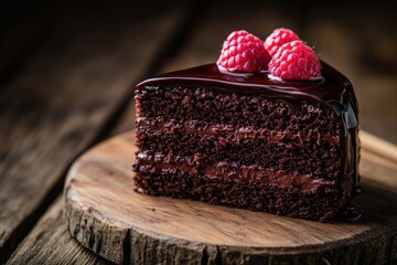 Canvas Print - A Slice of Chocolate Cake with Raspberries