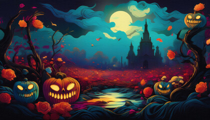 Spooky Halloween Background Featuring Playful  Jack-o'-Lanterns Pumpkins in a Vibrant, Festive Scene