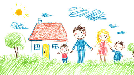 A cheerful family smiles while holding hands outside their charming house, surrounded by green grass and a blue sky filled with fluffy clouds