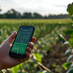 Close-up of a hand holding a smartphone with a farming app open, displaying real-time data from IoT sensors in a field