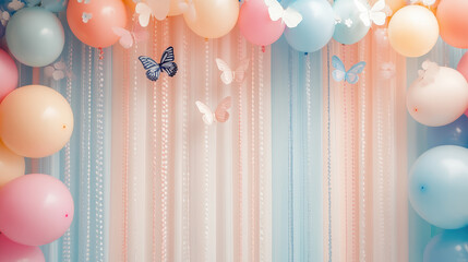 Colorful balloon and butterfly backdrop with pastel decorations, perfect for celebrations, parties, and festive events.