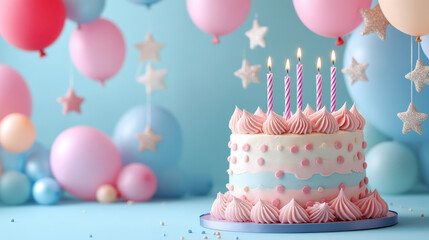 Colorful birthday cake with candles and balloons in background, perfect for celebrations, parties, and festive occasions.