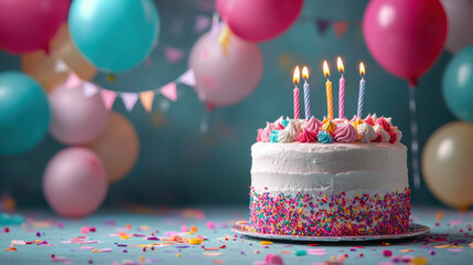 Colorful birthday cake with candles surrounded by balloons and confetti, set against a vibrant background, creating a festive atmosphere.