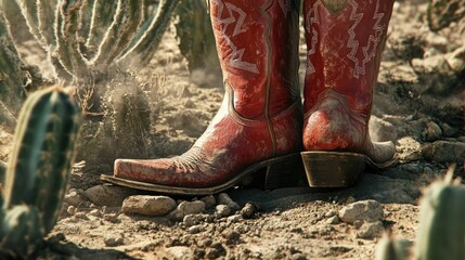 Detailed red cowboy boots glisten under the desert sun, surrounded by cacti and dusty earth, capturing the essence of Western style.