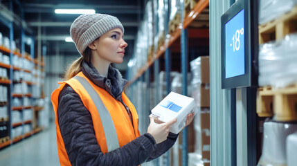 Wall Mural - A woman in safety gear opens a warehouse door to check the temperature and holds a box of cosmetics amidst organized shelves filled with products