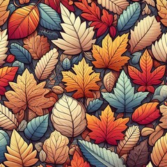 Wall Mural - Seamless pattern of autumn leaves in orange and yellow, featuring maple leaves and fall foliage with a natural