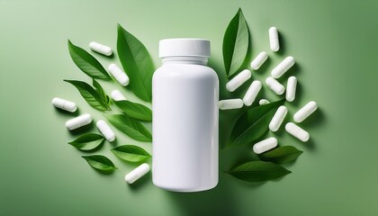 A white supplement bottle with pills and green leaves, symbolizing natural ingredients in food supplements.