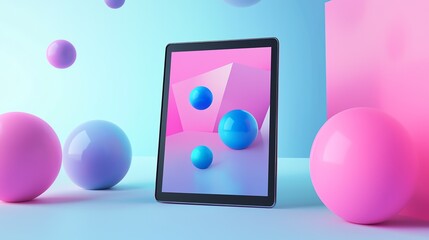 A vibrant digital tablet displays abstract shapes and colorful 3D spheres, creating a modern and playful atmosphere.