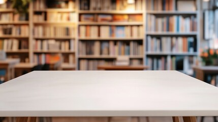 Poster - White Table in Front of Blurred Bookshelf Background