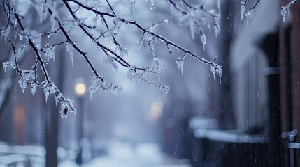 Wall Mural - Sleet falling in a wintry mix, coating everything in a layer of ice, with a cold, bleak atmosphere.