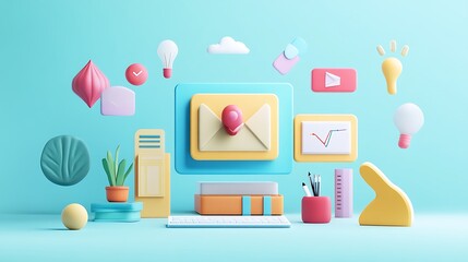 Poster - 3D Illustration of a Modern Workspace with a Computer, Email, and Office Supplies