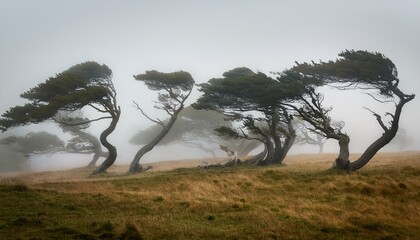 Trees bent by strong wind force in a foggy landscape, symbolizing the power and impact of wind.