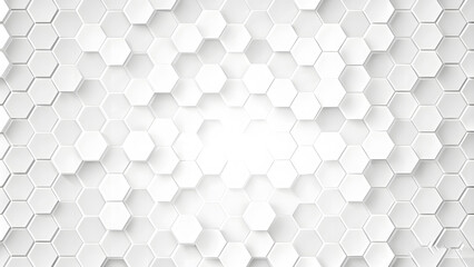 Poster - White 3D Hexagons Hight Technology Minimalist Abstract Modern Background. Sci-Fi Tech Hexagonal Blocks Structure Conceptual Light Wallpaper In Ultra Definition. Clear Blank Subtle Textured Banner 