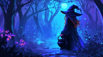 Cartoon witch stirring a magic cauldron in a dark forest scene