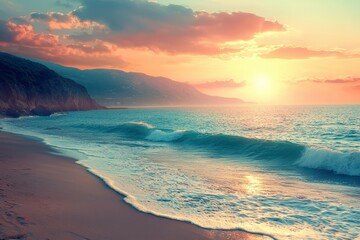 Poster - Sunset Over a Coastal Scene with Rolling Waves