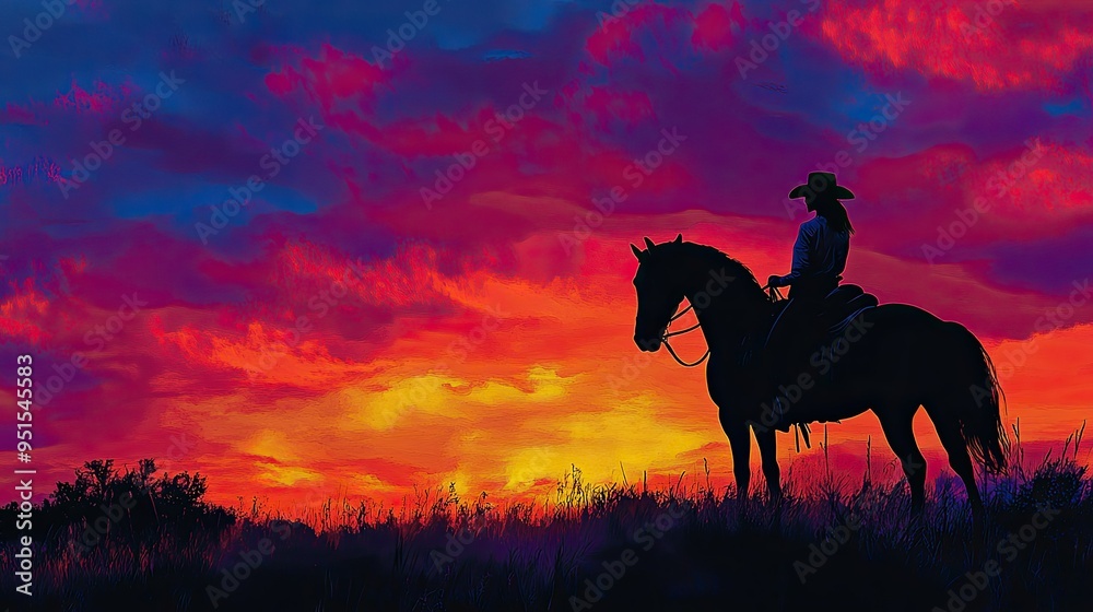 The silhouette of a cowgirl on horseback, set against the vibrant ...