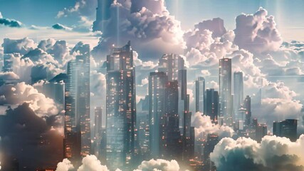 Canvas Print - A digital art video depicting a futuristic city skyline with a cloud computing network, A futuristic city skyline dominated by towering cloud servers