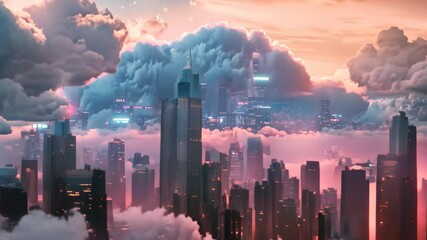 Canvas Print - A vibrant, futuristic city skyline emerges from a sea of clouds at sunrise, A futuristic city skyline dominated by towering cloud servers