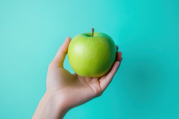 A clean and fresh image showing a hand gently holding a green apple against