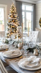 Poster - A table is set for a Christmas dinner with a tree in the background