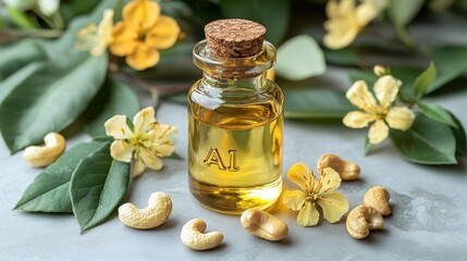 Cashew Oil Bottle with Yellow Flowers and Nuts Generative AI