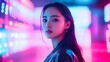© Wuttichai - Futuristic Portrait of Young Asian Woman in Sleek High Tech Outfit Amid Neon City Lights and Holograms