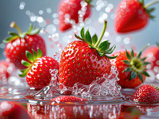 Fresh, ripe strawberries splashing in clear water with bubbles. Close-up shots highlight the vibrant red color and detailed texture of the fruit.