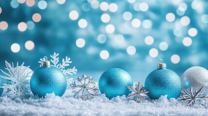 Wall Mural - blue christmas background with snowflakes and christmas balls. copy space backgrounds