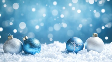 Wall Mural - blue christmas background with snowflakes and christmas balls. copy space backgrounds