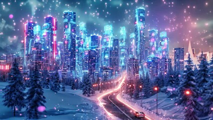 Poster - A futuristic cityscape covered in snow with twinkling lights and glowing buildings, A futuristic cityscape transformed into a winter wonderland with holographic decorations